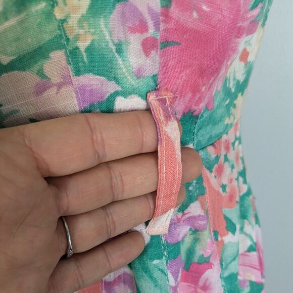 Vintage Midi Dress Fit Flare Floral 80s 90s Housewife Retro Pink Green Button 10 - Picture 8 of 16